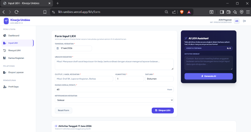 Tampilan dashboard Kinerja Umbies — sistem laporan kerja harian ASN berbasis AI